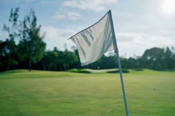 A gently waving flag on a pristine golf course green under bright skies, capturing the elegance and precision of the sport in a serene setting.