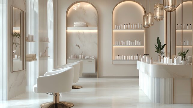 A modern and stylish salon interior with white chairs and marble countertops.