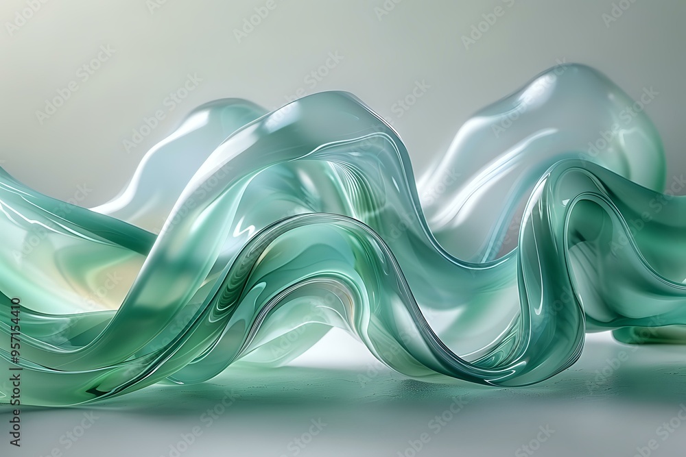Poster translucent, flowing wave-like abstract design with shades of green and turquoise. the smooth curves