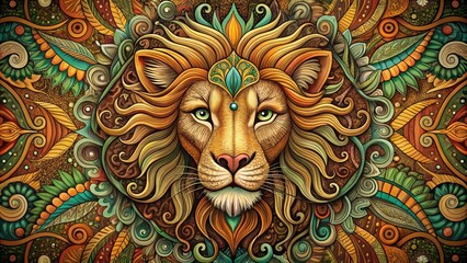 Whimsical hand-drawn illustration of a majestic lion's head with intricate details, surrounded by swirling patterns and folk-art inspired elements in earthy tones.