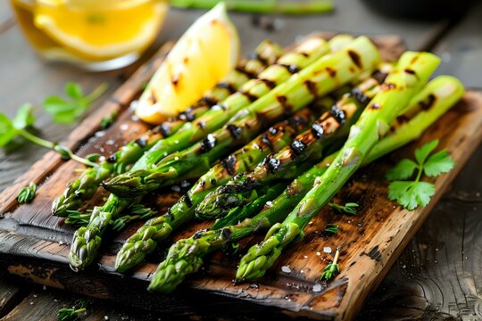close-up of grilled asparagus spears garnished with sea salt and herbs, served on a rustic wooden board. The image conveys freshness, healthy eating, and gourmet cuisine, perfect for food-related