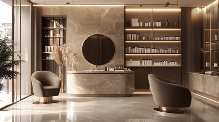 A modern and minimalist spa interior with a marble counter, two comfortable armchairs, and a large mirror.