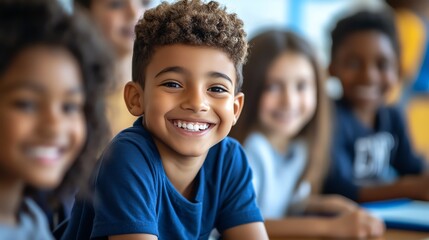 A young boy with a bright smile sits in a classroom, surrounded by his classmates. He is happy to be learning and growing.