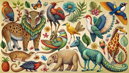 Whimsical hand-drawn illustrations of various animals, including birds, mammals, and reptiles, showcasing intricate details and textures in a mix of bold and delicate lines.