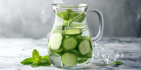 Refreshing cucumber mint infused water in glass pitcher with ice and fresh herbs