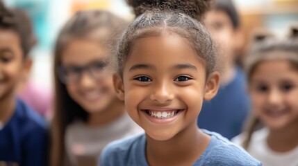 Obraz premium A young girl with glasses smiles brightly, her braids framing her face.