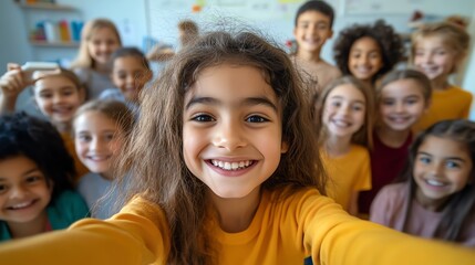 Obraz premium A young girl smiles brightly for the camera, surrounded by her friends. They are all happy and excited to be together.
