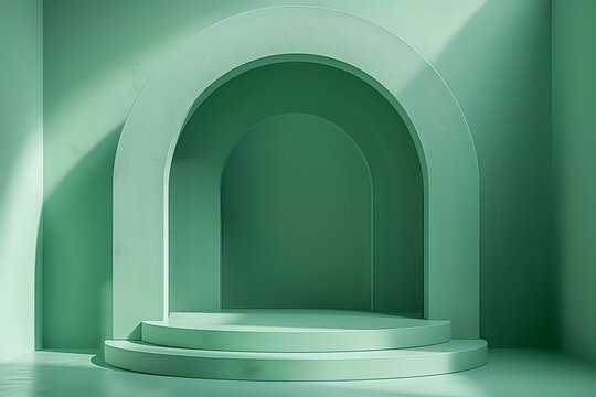 Minimalist green podium with arched architectural elements for product display. Abstract geometric background with soft shadows perfect for luxury branding and cosmetic presentation. - Powered by Adobe