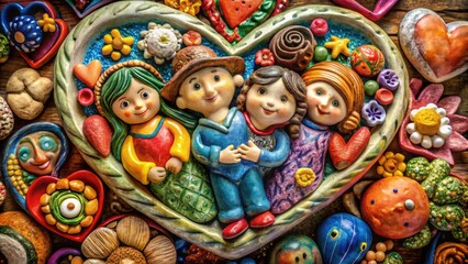 Whimsical heart-shaped clay figurines with intricate details and varied colors, nestled together, symbolizing love, friendship, and affection in a playful, sentimental still life arrangement.