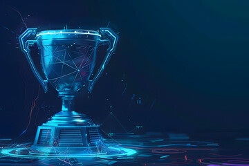 Champion trophy with futuristic technology. Blue neon background.