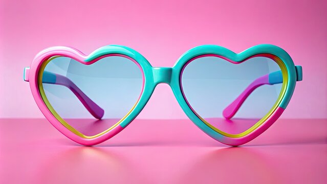 Whimsical heart-shaped glasses with colorful frames and bright pink temples perch on a soft pastel background, evoking playfulness, romance, and trendy fashion sense.