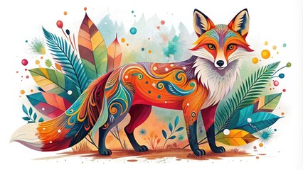Whimsical illustrated design featuring a stylized fox with bold lines, vibrant colors, and playful textures, set against a clean white background with subtle grunge elements.