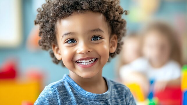 A young boy with curly hair smiles brightly, his eyes sparkling with joy. He wears a blue shirt and is surrounded by colorful toys.