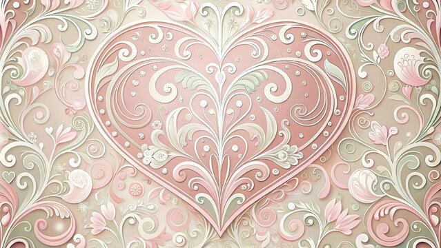 Whimsical heart-shaped wallpaper with pastel pinks and whites, adorned with intricate swirls and flourishes, adding a touch of romance and elegance to any space.