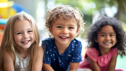 Three young children, a girl with blonde hair, a boy with curly brown hair, and a girl with dark curly hair, smile brightly at the camera.