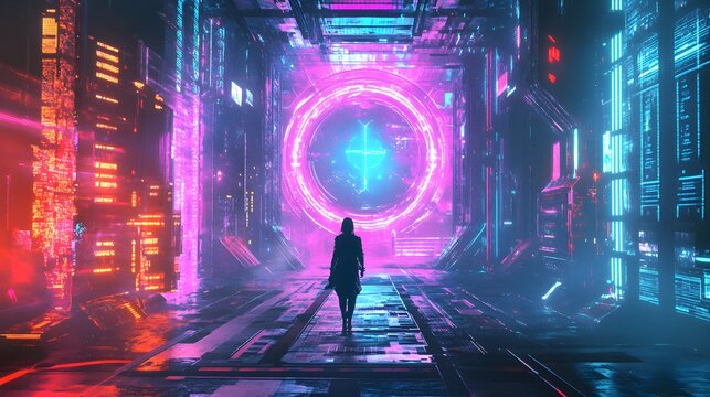 Cyberpunk Cityscape with Glowing Portal and Silhouette of a Woman