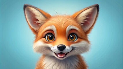 Obraz premium Whimsical illustration of a friendly fox's face with big brown eyes, bushy eyebrows, and a goofy smile, set against a soft, pastel blue background.