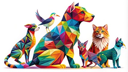 Obraz premium Whimsical illustration of a menagerie of animals, including a cat, dog, and bird, composed from interconnected geometric shapes in vibrant colors.