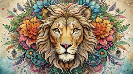 Whimsical illustration of a majestic lion's head, intricately sketched in bold black lines, surrounded by ornate floral patterns and subtle watercolor textures.