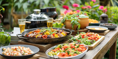 Colorful outdoor bbq feast with fresh vegetables, salads, and beverages on a wooden table