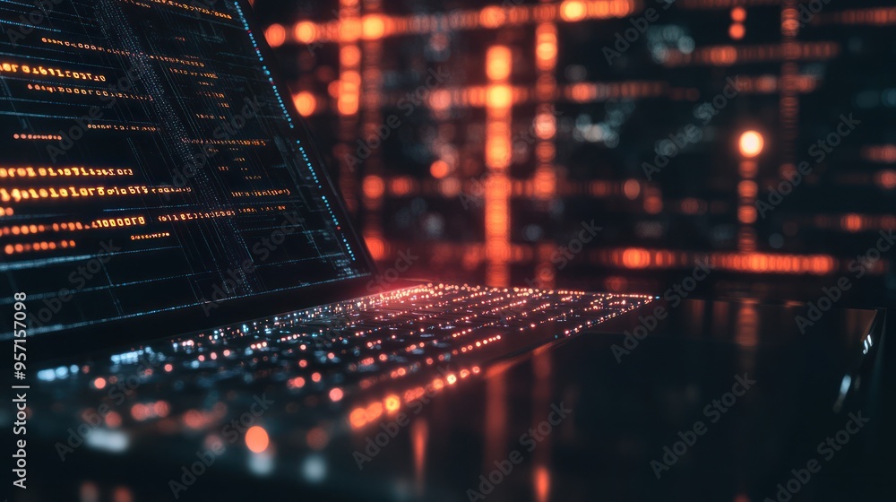 Poster close up of a laptop with glowing keys and code on the screen.