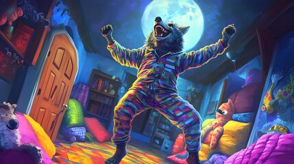 Werewolf in Pajamas Dancing Under the Full Moon