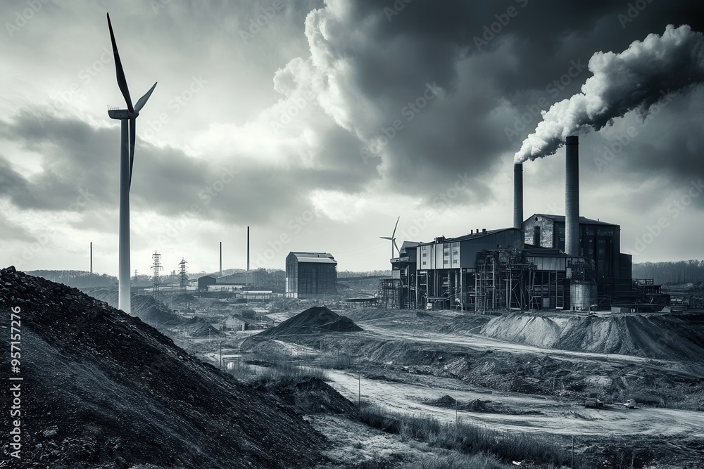 Aufkleber closed coal mines contrast with wind turbines near old factories, symbolizing the shift towards rene
