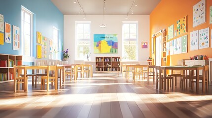 A bright and cheerful classroom with colorful artwork and wooden furniture.