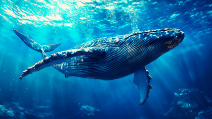 Big whale in the blue sea.