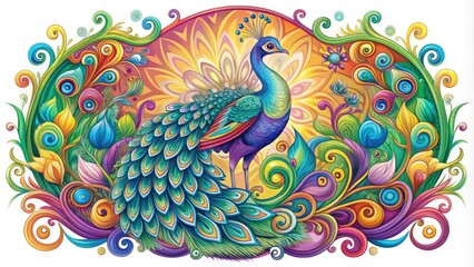 Fototapeta premium Whimsical vector illustration of a vibrant peacock perched on an ornate frame, surrounded by swirling patterns and colorful brushstrokes, evoking a sense of artistic wonder.