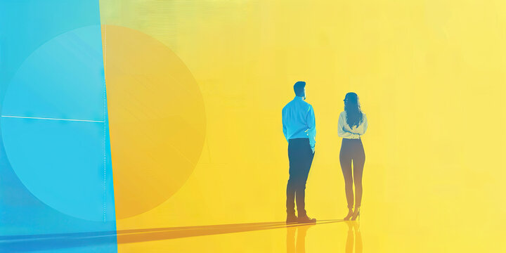 A scatter plot showing the correlation between two factors, such as employee satisfaction and company performance, on a yellow and blue gradient background.