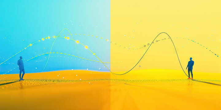 A scatter plot showing the correlation between two factors, such as employee satisfaction and company performance, on a yellow and blue gradient background.