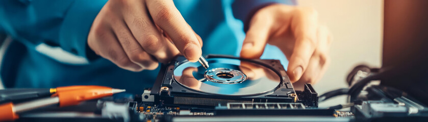 Obraz premium Repairman installing new hard drive into desktop computer, showcasing technical skills and precision.