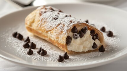 A slice of Italian cannoli with a crisp shell filled with ricotta cheese and chocolate chips, dusted with powdered sugar on a white plate