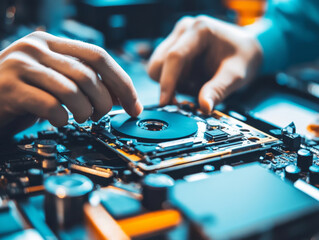 Obraz premium Hands are carefully installing component on circuit board, showcasing precision in electronics repair.