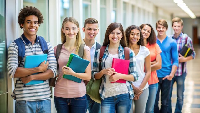 Young individuals in casual attire stand patiently in a row, clutching backpacks and notebooks, awaiting their turn, surrounded by a blurred school corridor background.