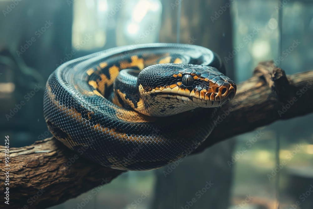 Poster a black and yellow python wrapped around a tree branch