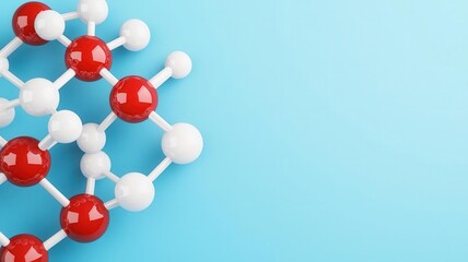 A vibrant molecular model showcasing red and white atoms on a blue background, ideal for science and education themes.