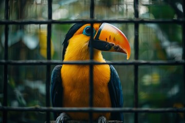 A Yellow-Feathered Toucan with a Large Orange Beak in a Cage
