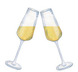 Champagne glasses clinking watercolor illustration. Hand drawn image of glass goblets with wine or prosecco on isolated background. For tasting and event celebration design.