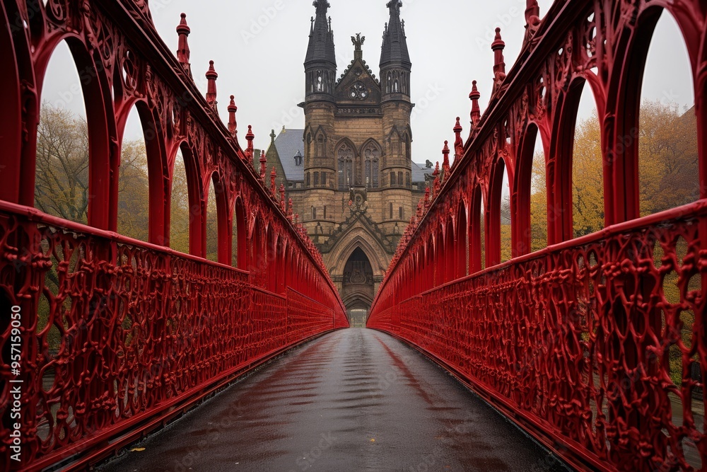 Poster highlighting architectural features with red lines for enhanced contrast in buildings and bridges