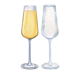 Champagne glasses full and empty watercolor illustration. Hand drawn image of glass goblets with wine or prosecco on isolated background. For tasting and event celebration design.