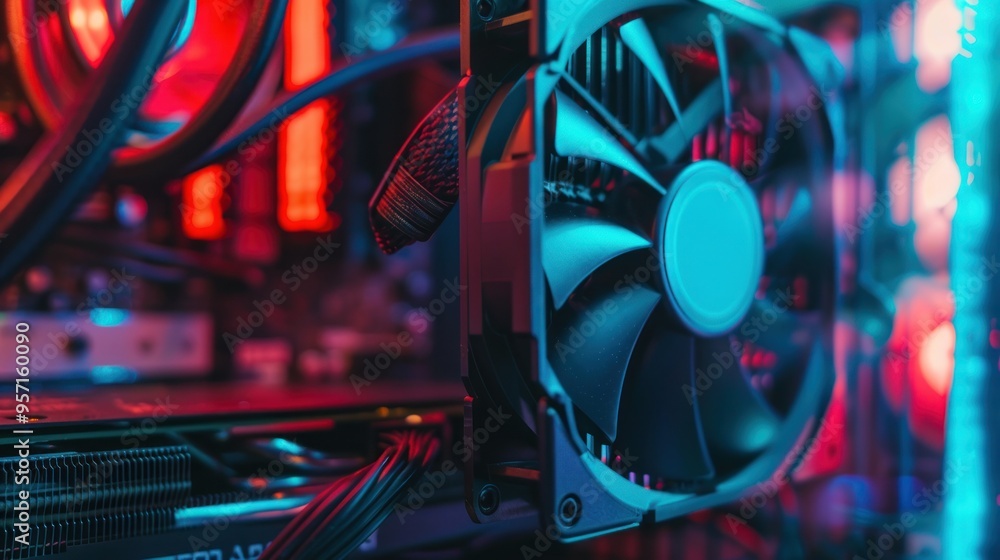 Aufkleber close-up of a computer fan illuminated with blue and red light.