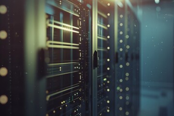 A serene yet powerful depiction of server racks glowing faintly in a modern data center, with beams of light and digital particles floating in the atmosphere.
