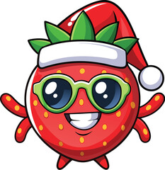 Fototapeta premium Cute Cartoon isolated Strawberry | with a sunglass & Christmas hat and siting on Easter egg