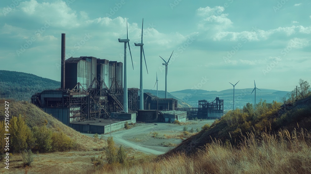 Aufkleber old factories and closed coal mines stand in contrast to modern wind turbines, highlighting the shif