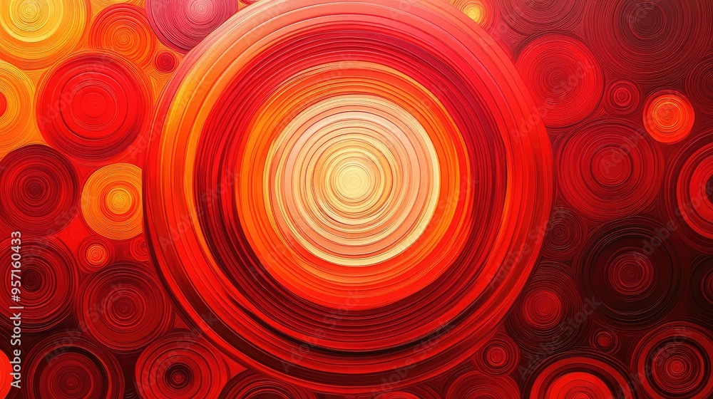 Poster abstract concentric circles of varying sizes, in shades of red and orange, creating a vibrant, energ