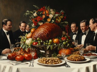 Fototapeta premium A large cornucopia placed at the center of a Thanksgiving banquet, with guests passing around dishes and raising glasses in celebration of the harvest