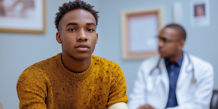 A young man with a cast on his arm sits in a doctor's office, looking serious while a doctor is blurred in the background