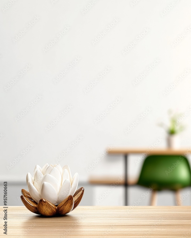 Poster peaceful classroom with lotus candle on teachers desk creating a calming atmosphere, emphasizing ser